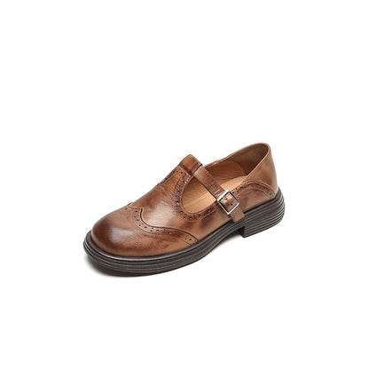 Claudia | Women's Leather T-Strap Mary Jane Shoes Brogue Block Heel
