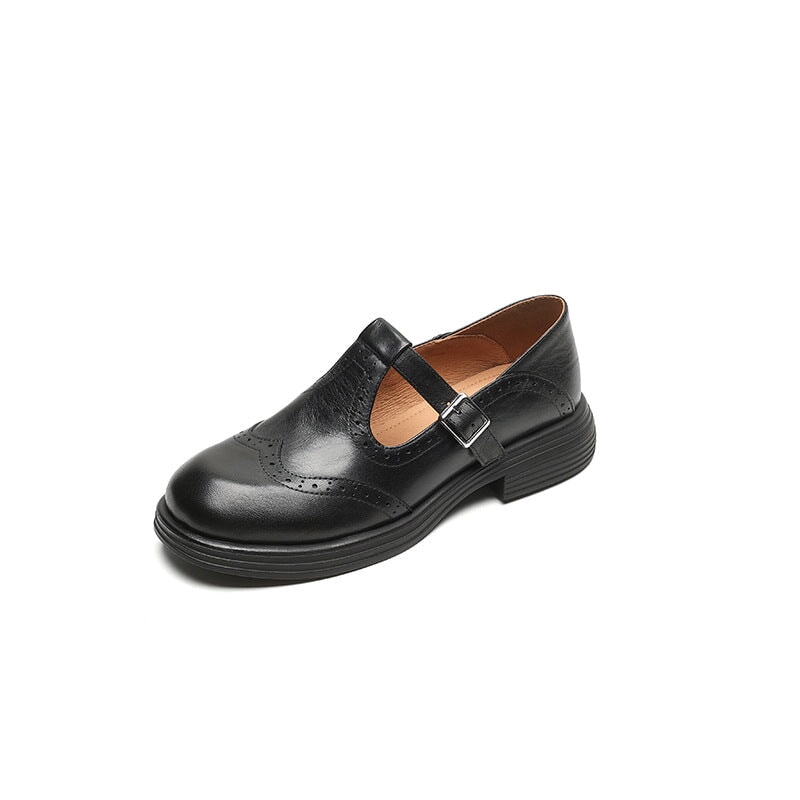 Claudia | Women's Leather T-Strap Mary Jane Shoes Brogue Block Heel