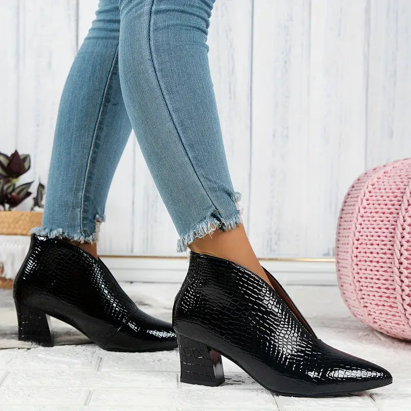 Mackenzie | Women's Textured Ankle Boots with Curved Cut and Mid Block Heel