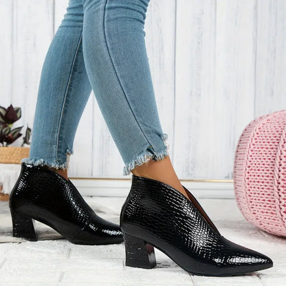 Mackenzie | Women's Textured Ankle Boots with Curved Cut and Mid Block Heel