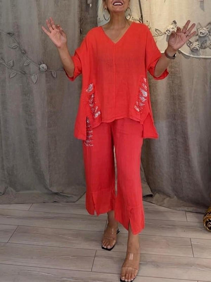 Nicole | Women's Relaxed 2 Piece Set V-Neck Top and Cropped Pants