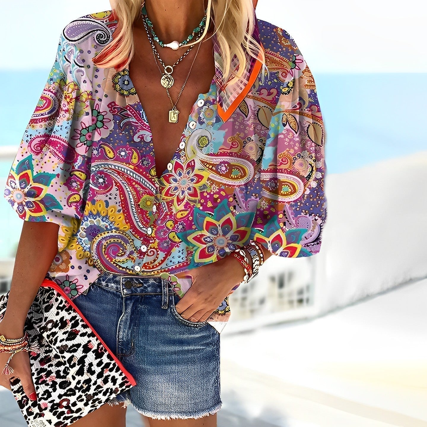 Florence | Women's Boho Paisley Print Button-Up Blouse
