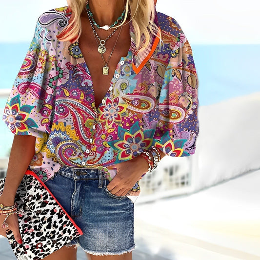 Florence | Women's Boho Paisley Print Button-Up Blouse