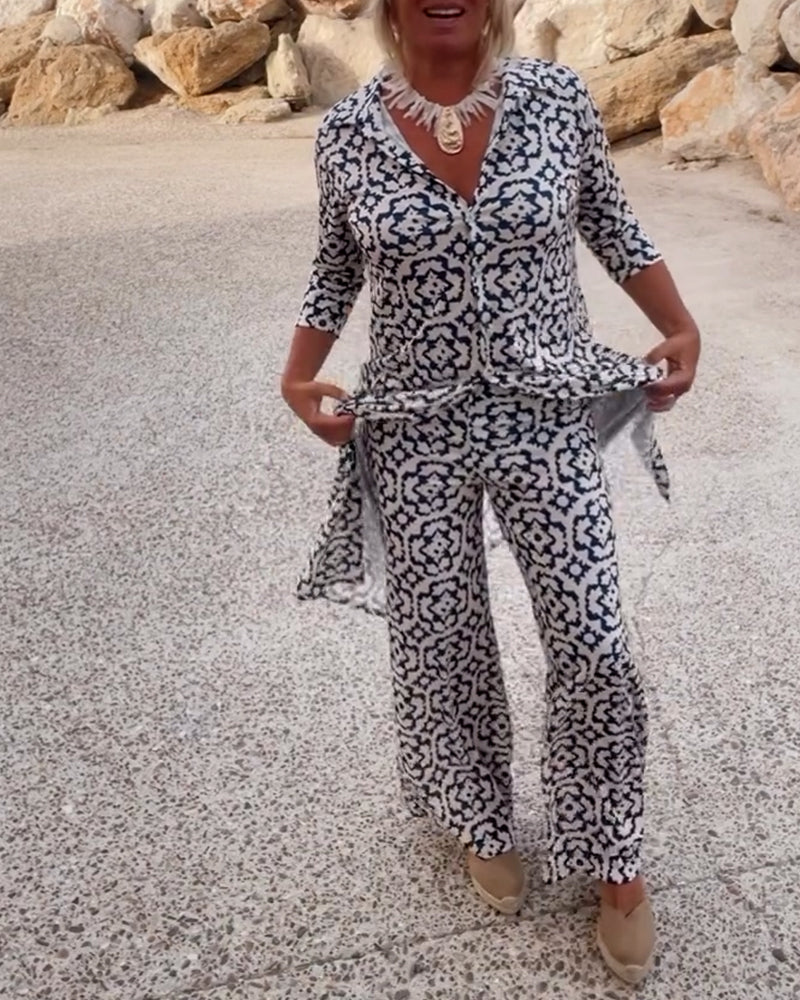 Alexis | Women's Printed Two Piece Set Longline Shirt Straight Pants
