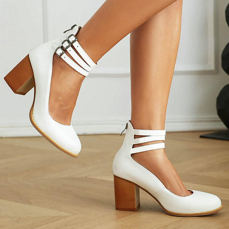 Sharon | Smooth Sandals with Ankle Strap and Thick Heel
