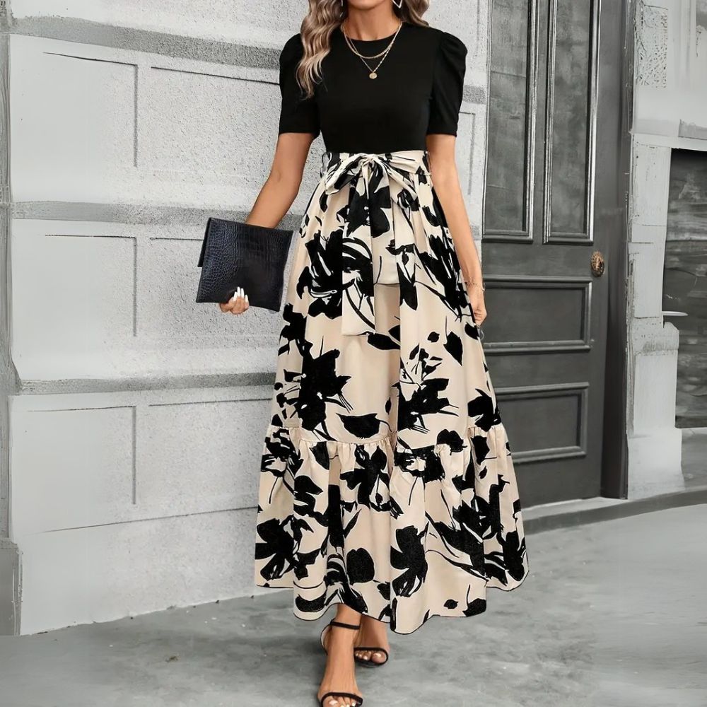 Megan | Women's Puff Sleeve Floral Maxi Dress with Tie Waist