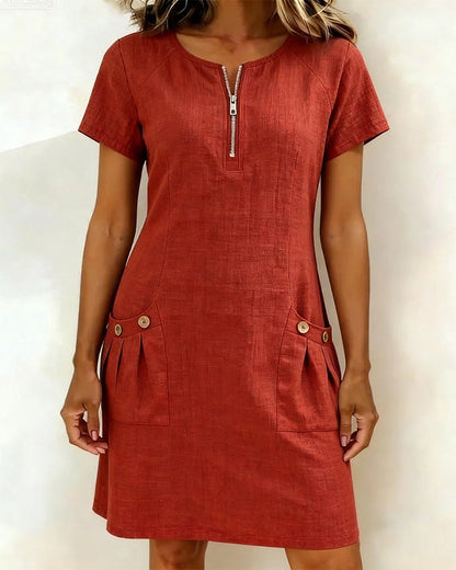 Sara | Women's Shift Dress Short-Sleeved Zip Neck with Pockets