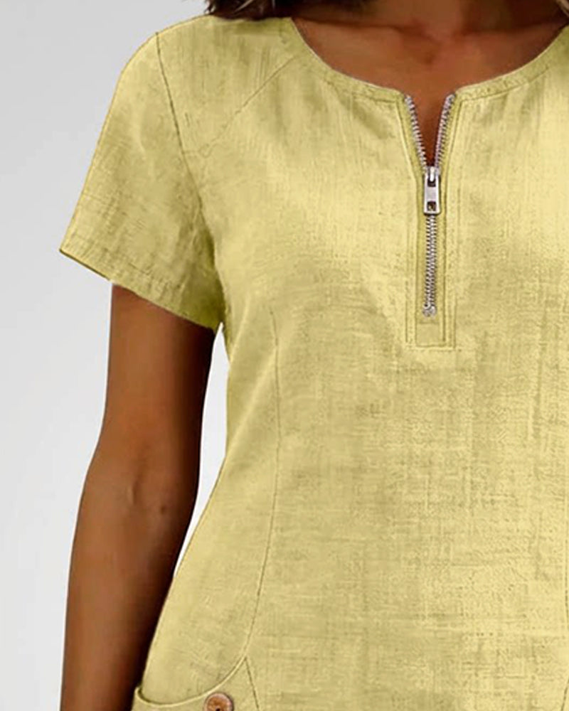Sara | Women's Shift Dress Short-Sleeved Zip Neck with Pockets