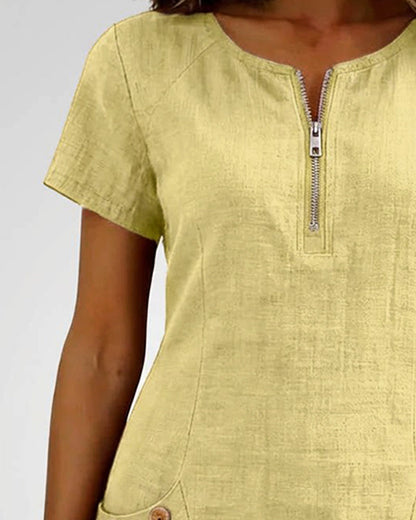 Sara | Women's Shift Dress Short-Sleeved Zip Neck with Pockets