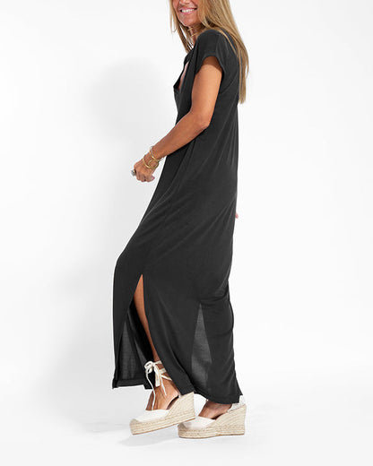 Savannah | Women's V-Neck Short-Sleeved Side Slit Maxi Dress
