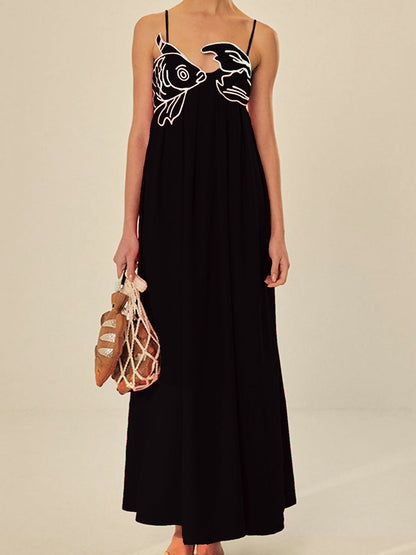 Anna | Women's Embroidered Spaghetti Strap Maxi Shift Dress