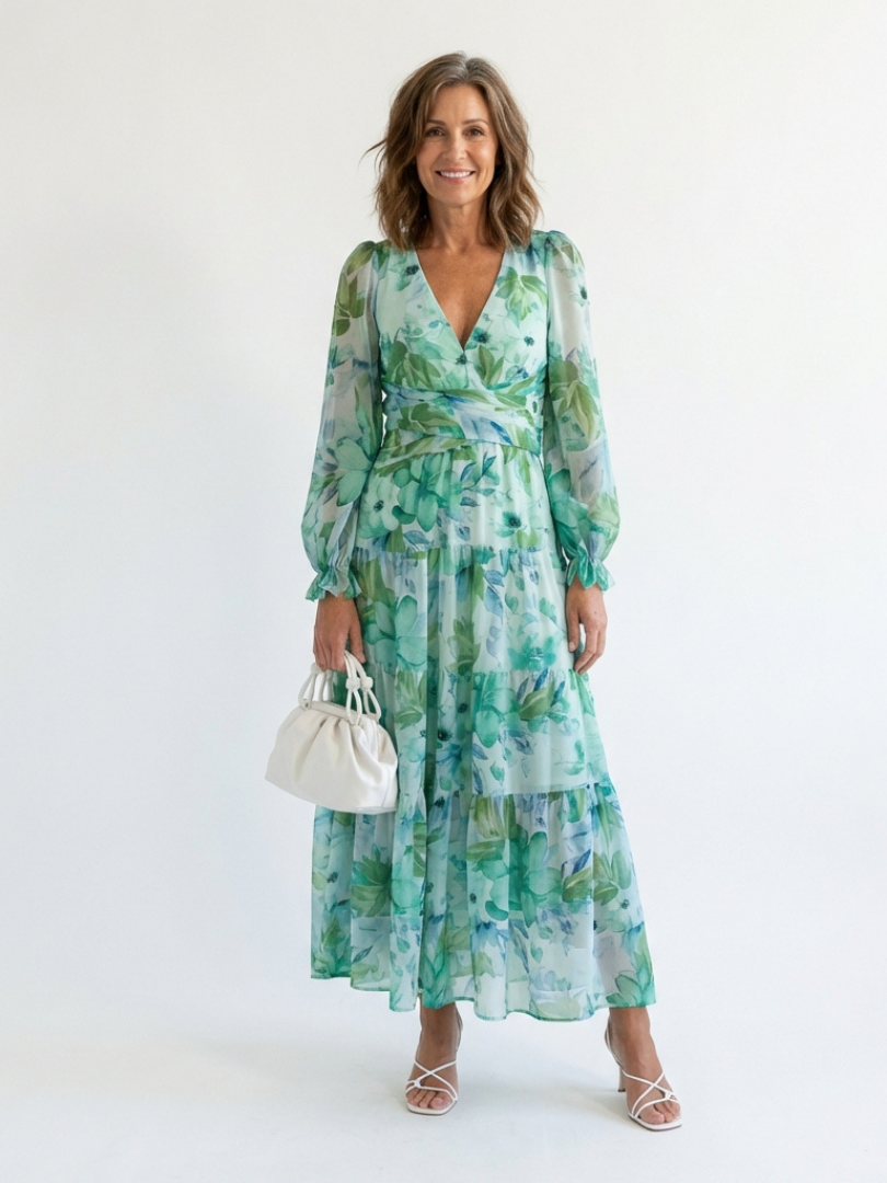 Isabel | Women's V Neck Full Sleeve Botanical Maxi Dress