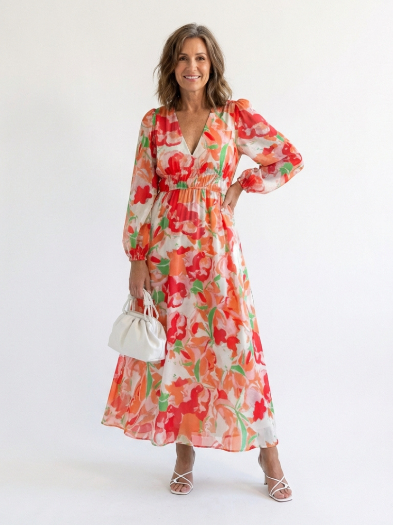 Isabel | Women's V Neck Full Sleeve Botanical Maxi Dress