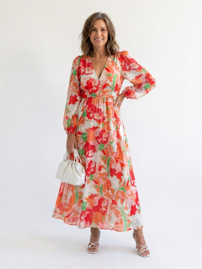 Isabel | Women's V Neck Full Sleeve Botanical Maxi Dress
