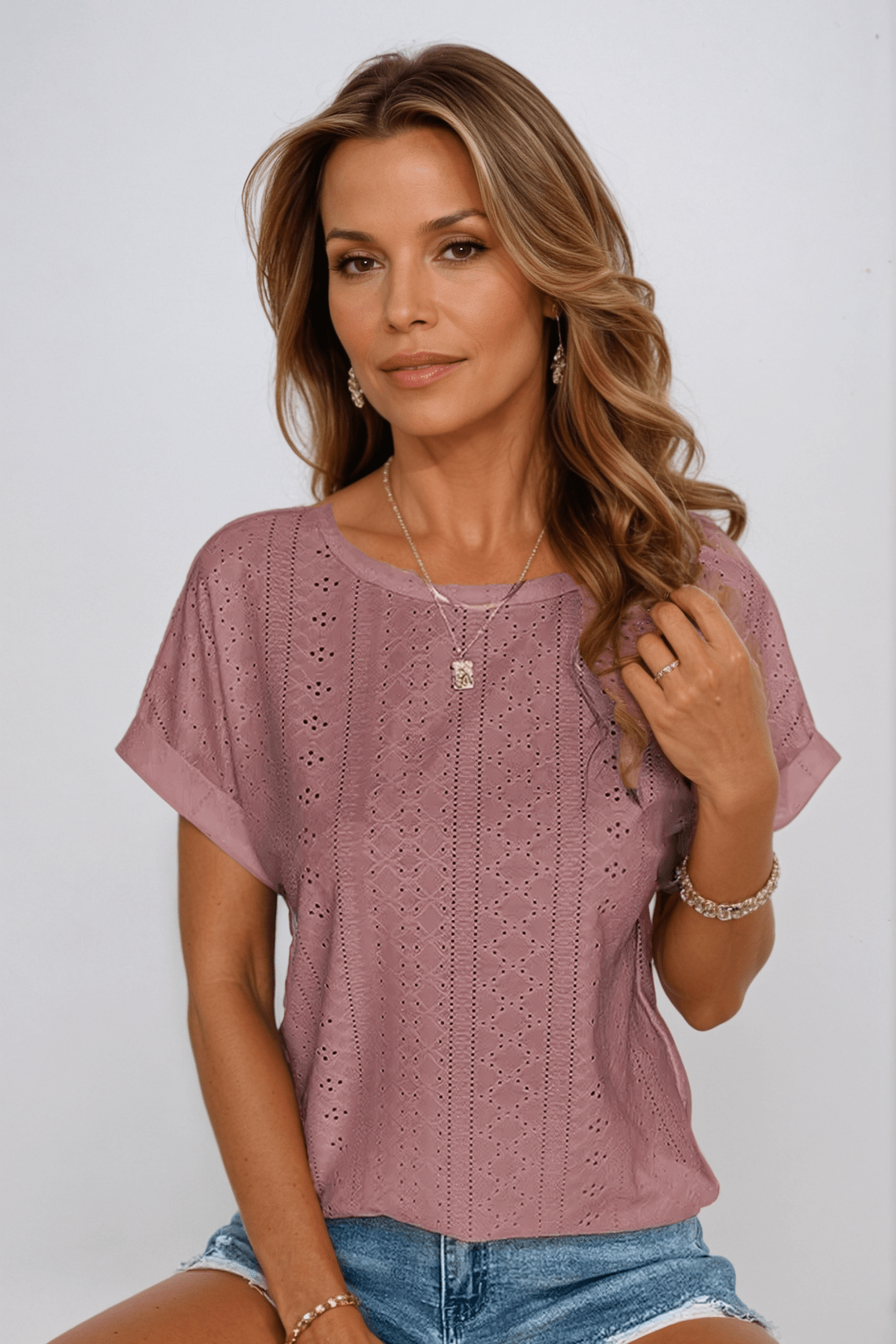 Nicole | Women's Eyelet Embroidered Crew Neck Short Sleeve Top