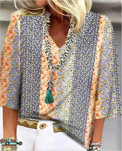 Wren | Women's Ditsy Botanical Patchwork V-Neck 3/4 Sleeve Top