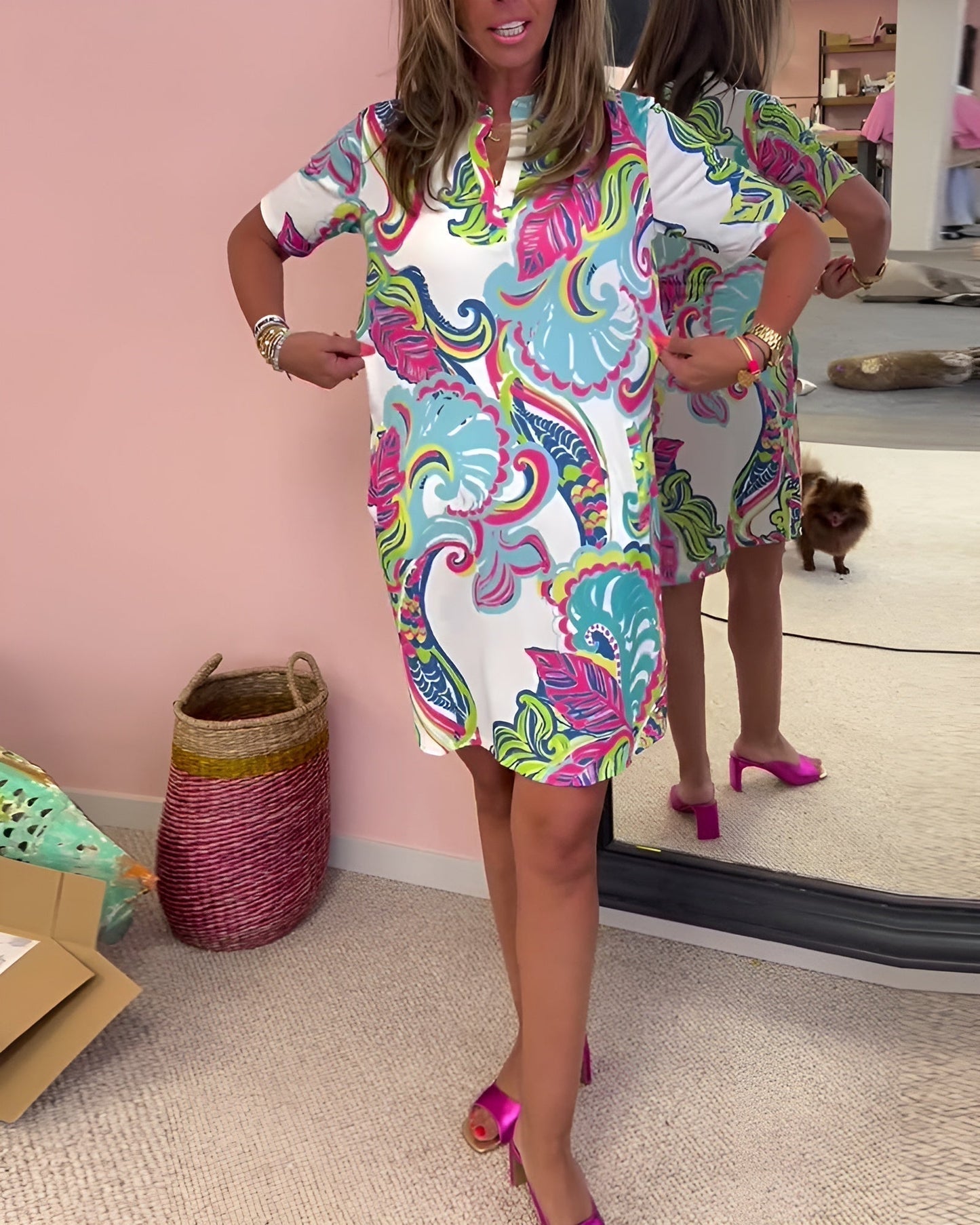 Ellie | Women's V Neck Tummy Control Printed Draped Dress Everyday Summer