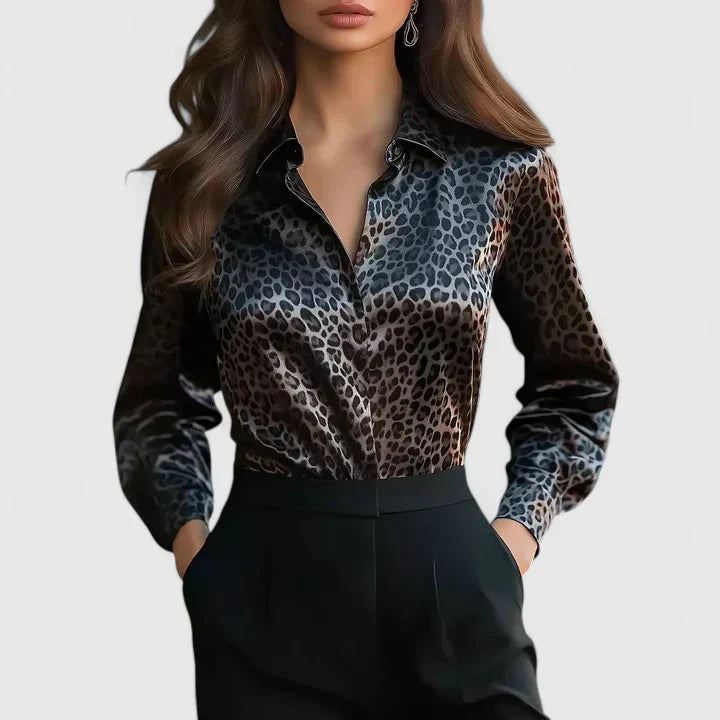 Evelyn | Women's Leopard Print Long Sleeve Collared Blouse