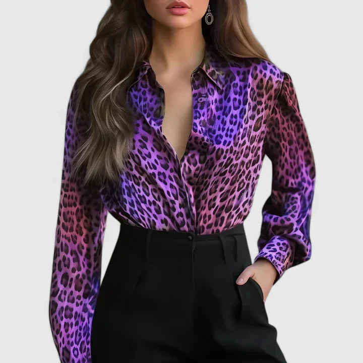 Evelyn | Women's Leopard Print Long Sleeve Collared Blouse
