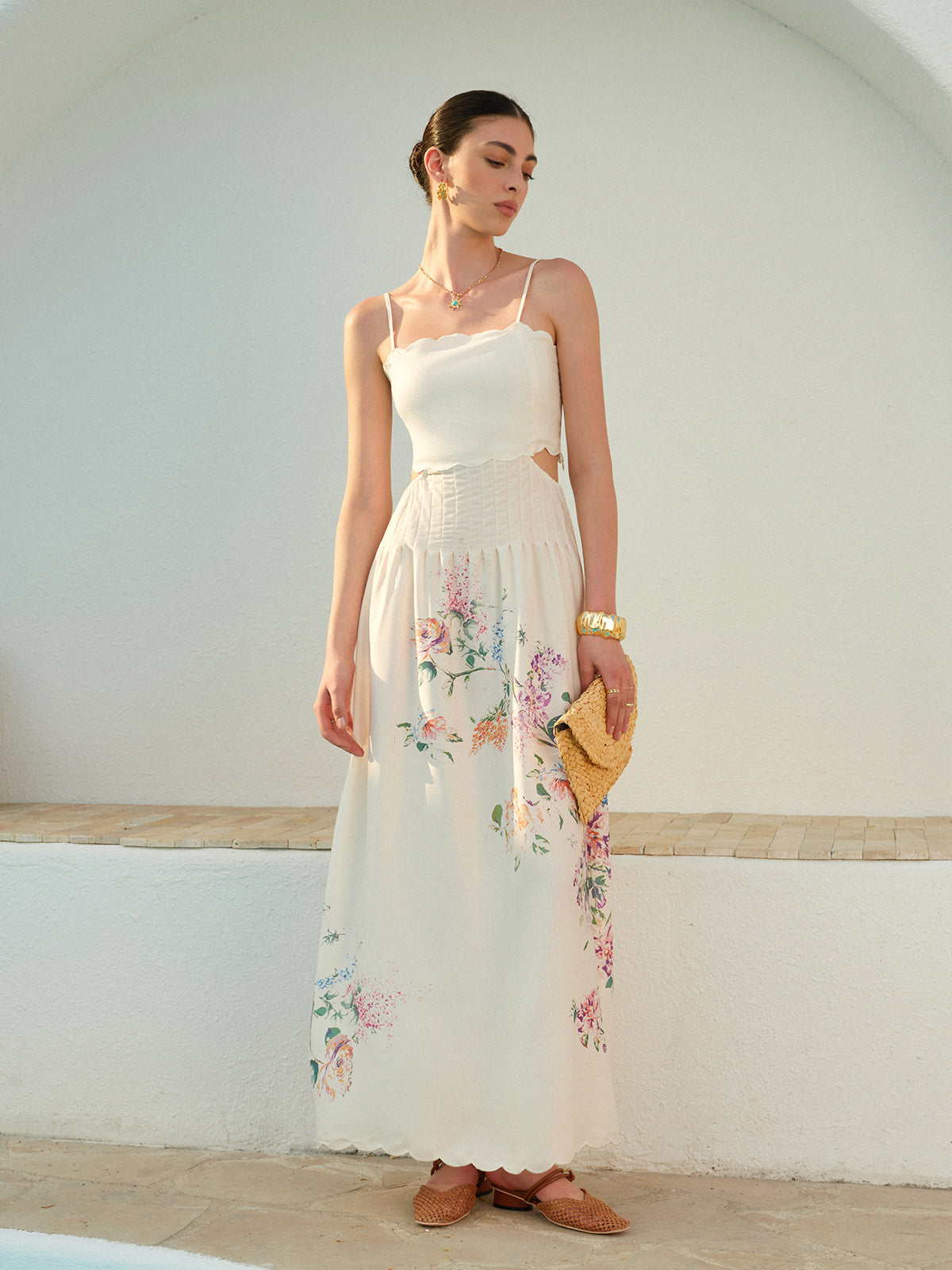 Athena | Women's Floral Maxi Dress Cutout Waist Scallop Hem Sundress