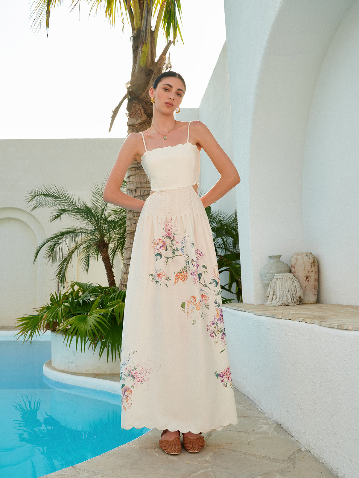 Athena | Women's Floral Maxi Dress Cutout Waist Scallop Hem Sundress