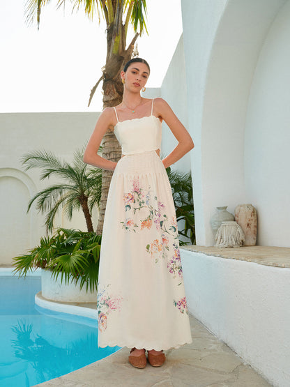 Athena | Women's Floral Maxi Dress Cutout Waist Scallop Hem Sundress