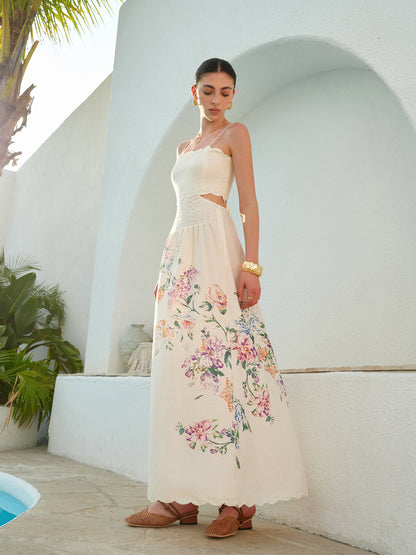 Athena | Women's Floral Maxi Dress Cutout Waist Scallop Hem Sundress