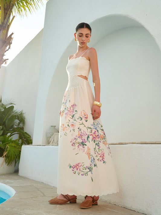 Athena | Women's Floral Maxi Dress Cutout Waist Scallop Hem Sundress