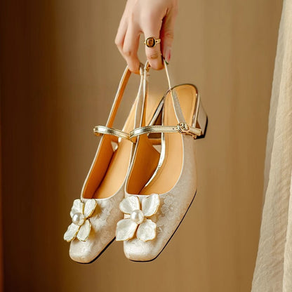 Chelsea | Women's Botanical Slingback Pumps Square Toe Block Heel Shoes