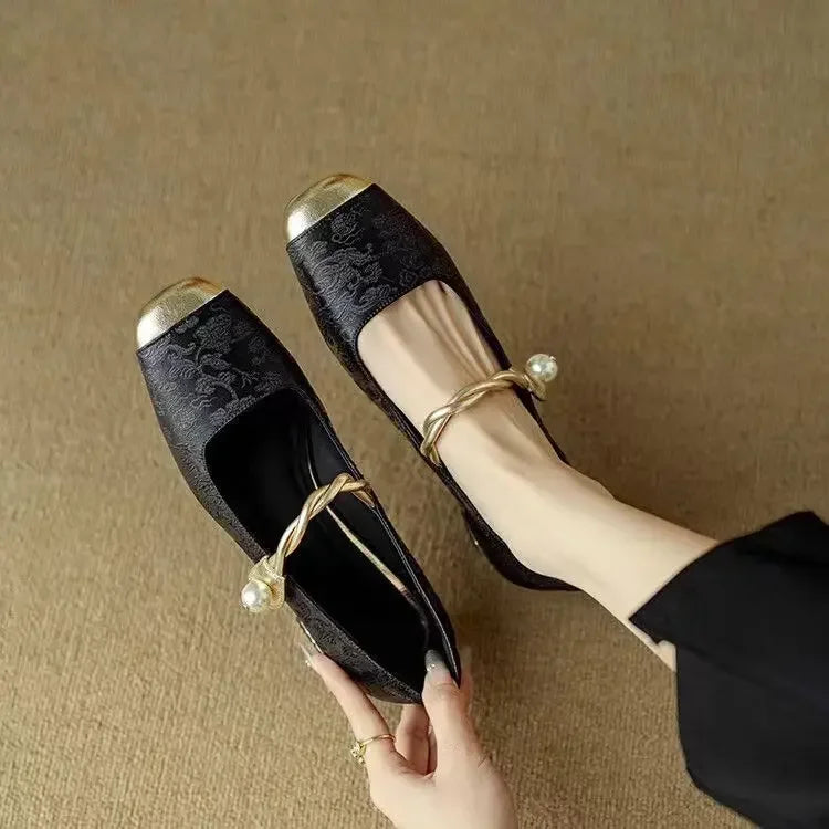 Alicia | Women's Pearl Strap Mary Jane Shoes Glitter Block Heel