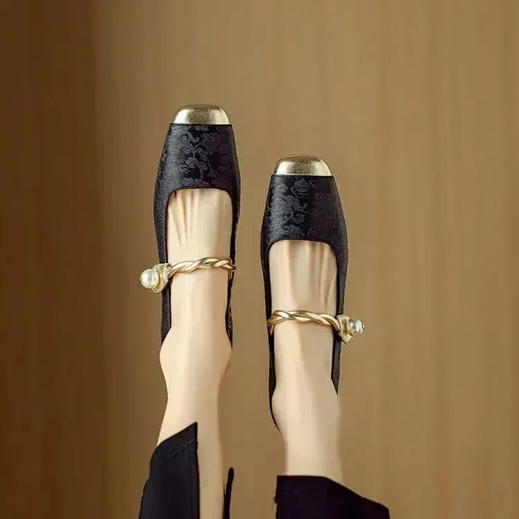Alicia | Women's Pearl Strap Mary Jane Shoes Glitter Block Heel
