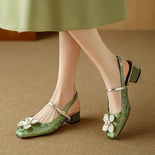 Chelsea | Women's Botanical Slingback Pumps Square Toe Block Heel Shoes