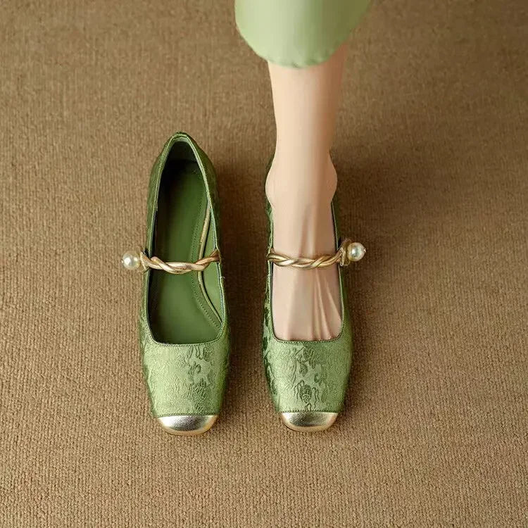 Alicia | Women's Pearl Strap Mary Jane Shoes Glitter Block Heel