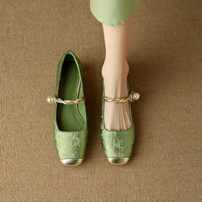 Alicia | Women's Pearl Strap Mary Jane Shoes Glitter Block Heel