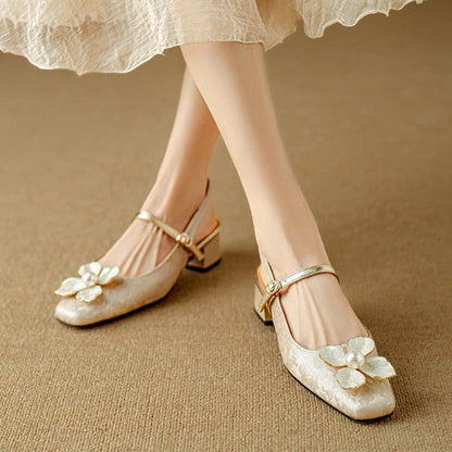 Chelsea | Women's Botanical Slingback Pumps Square Toe Block Heel Shoes