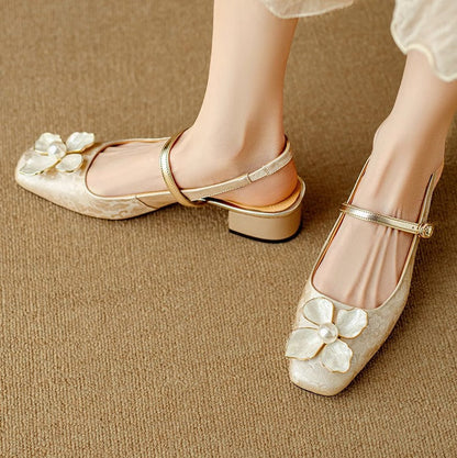 Chelsea | Women's Botanical Slingback Pumps Square Toe Block Heel Shoes