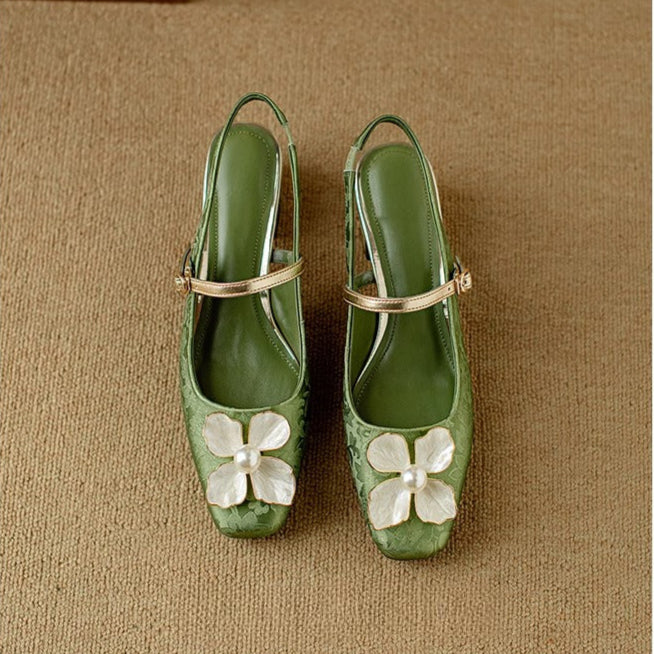 Chelsea | Women's Botanical Slingback Pumps Square Toe Block Heel Shoes