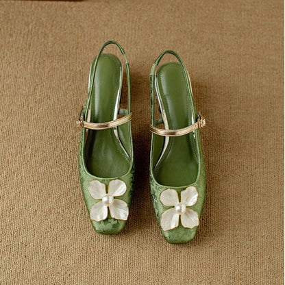 Chelsea | Women's Botanical Slingback Pumps Square Toe Block Heel Shoes