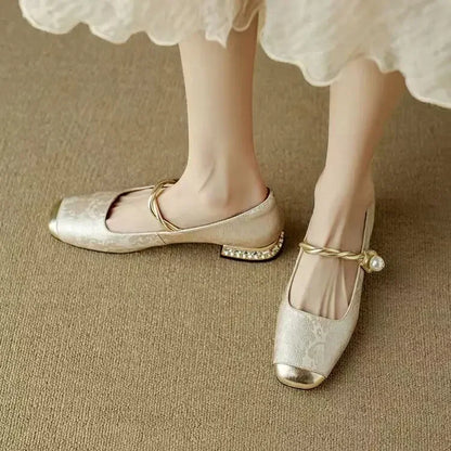 Alicia | Women's Pearl Strap Mary Jane Shoes Glitter Block Heel