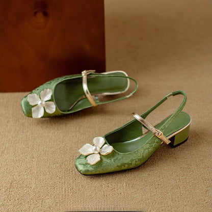Chelsea | Women's Botanical Slingback Pumps Square Toe Block Heel Shoes