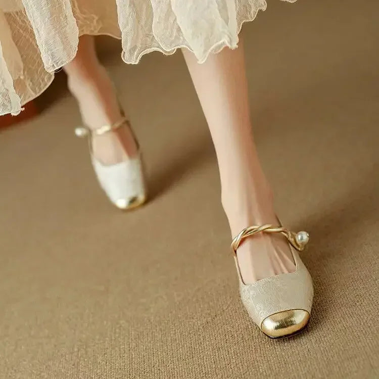 Alicia | Women's Pearl Strap Mary Jane Shoes Glitter Block Heel