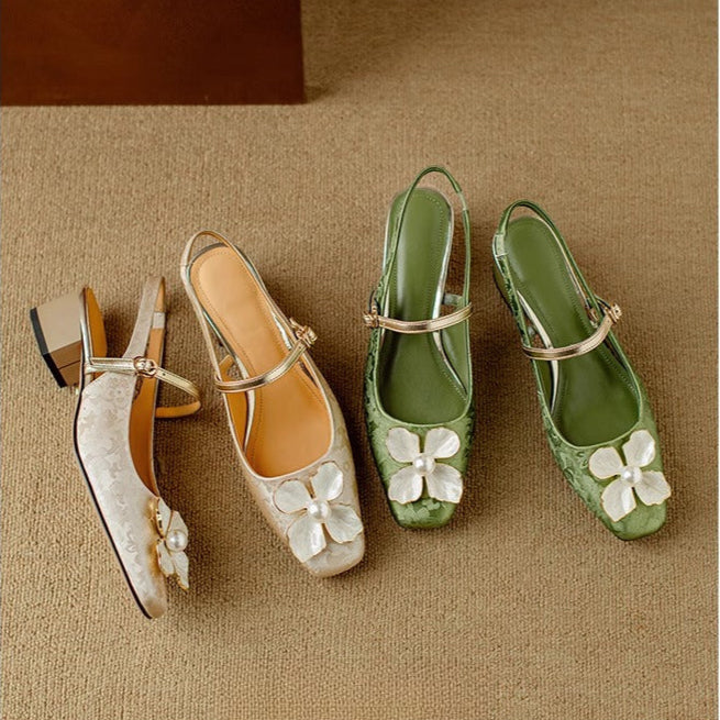 Chelsea | Women's Botanical Slingback Pumps Square Toe Block Heel Shoes