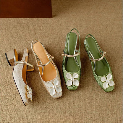Chelsea | Women's Botanical Slingback Pumps Square Toe Block Heel Shoes