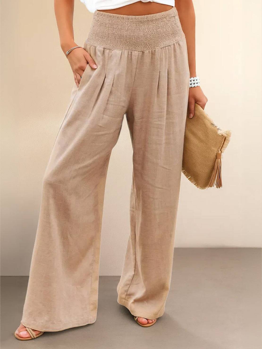 Mackenzie | Women's High Waist Wide Leg Pants Smocked Waistband