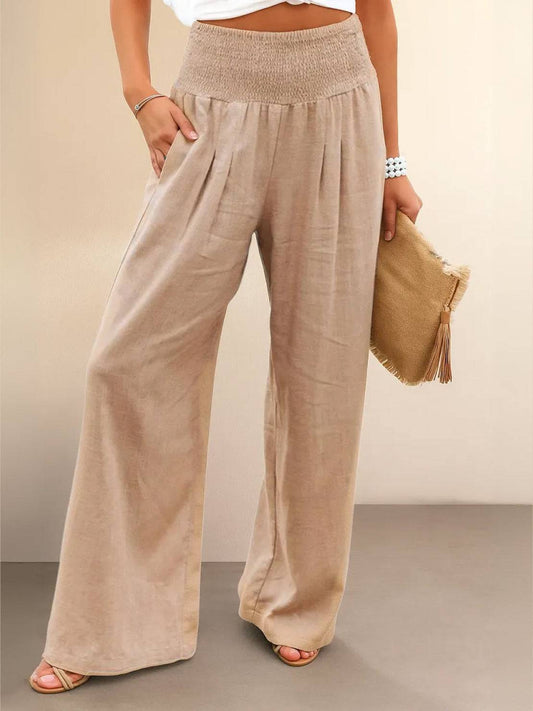 Mackenzie | Women's High Waist Wide Leg Pants Smocked Waistband