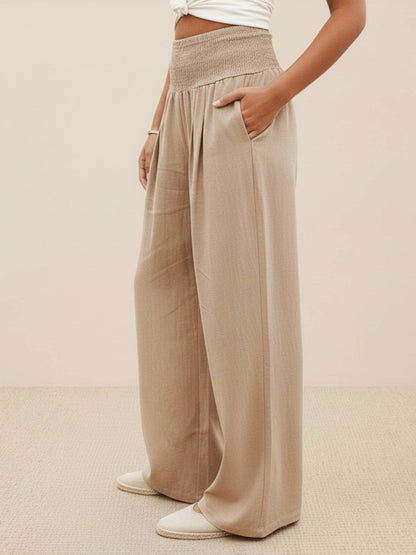 Mackenzie | Women's High Waist Wide Leg Pants Smocked Waistband