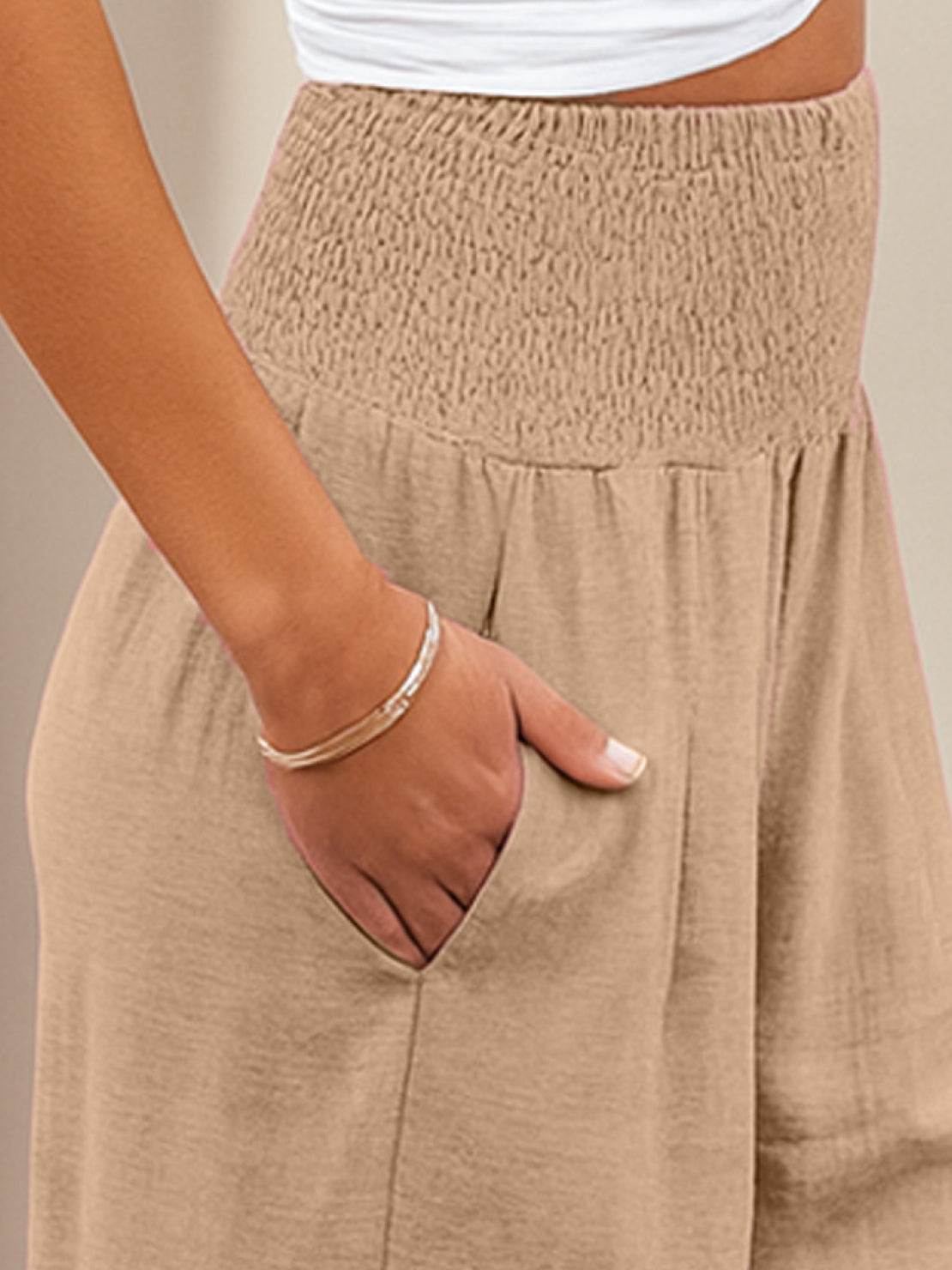 Mackenzie | Women's High Waist Wide Leg Pants Smocked Waistband