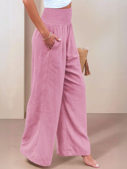 Mackenzie | Women's High Waist Wide Leg Pants Smocked Waistband