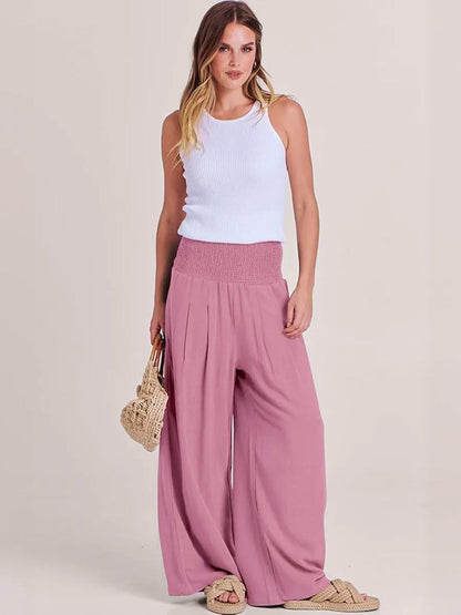 Mackenzie | Women's High Waist Wide Leg Pants Smocked Waistband