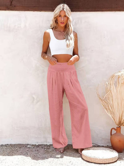 Mackenzie | Women's High Waist Wide Leg Pants Smocked Waistband